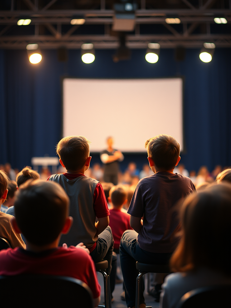 two kids speaking on a stage with other kids sitting and listening as audience, wide view that shows the stage and audience setting